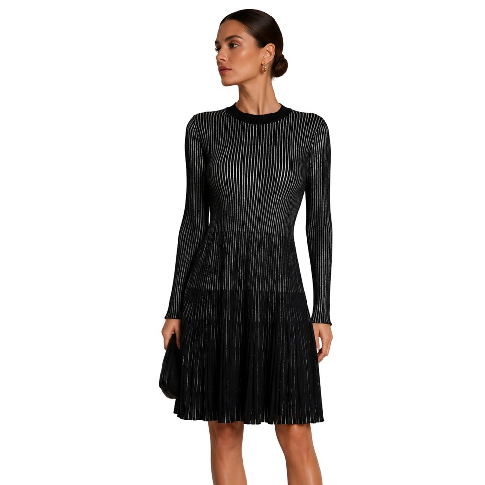 Desigual Dress Womens Medium Black White Striped Ribbed Knit Fit & Flare Mini